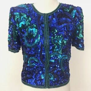LAURENCE KAZAR Sz L blue/emerald green sequins & bead work handmade on 100% silk